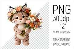 Knitted Lynx with Flowers Clipart. Perfect for Mothers Day gifts, birthday designs, spring celebrations, and heartfelt handmade creations.