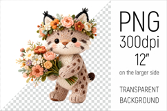 Knitted Lynx with Flowers Clipart. Perfect for Mothers Day gifts, birthday designs, spring celebrations, and heartfelt handmade creations.
