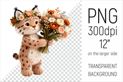 Knitted Lynx with Flowers Clipart. Perfect for Mothers Day gifts, birthday designs, spring celebrations, and heartfelt handmade creations.