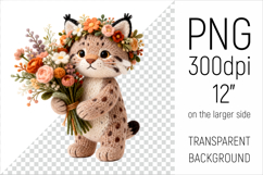 Knitted Lynx with Flowers Clipart. Perfect for Mothers Day gifts, birthday designs, spring celebrations, and heartfelt handmade creations.