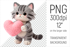 Knitted Maine Coon Cat with Heart. Valentine Clipart. Ideal for sublimation projects, Valentines Day gifts, mugs, T-shirts, cards, stickers, scrapbooking, nursery decor, planners, and digital crafts.