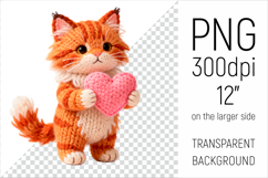 Knitted Maine Coon Cat with Heart. Valentine Clipart. Ideal for sublimation projects, Valentines Day gifts, mugs, T-shirts, cards, stickers, scrapbooking, nursery decor, planners, and digital crafts.