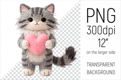 Knitted Maine Coon Cat with Heart. Valentine Clipart. Ideal for sublimation projects, Valentines Day gifts, mugs, T-shirts, cards, stickers, scrapbooking, nursery decor, planners, and digital crafts.