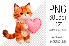 Knitted Maine Coon Cat with Heart. Valentine Clipart. Ideal for sublimation projects, Valentines Day gifts, mugs, T-shirts, cards, stickers, scrapbooking, nursery decor, planners, and digital crafts.