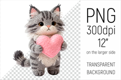 Knitted Maine Coon Cat with Heart. Valentine Clipart. Ideal for sublimation projects, Valentines Day gifts, mugs, T-shirts, cards, stickers, scrapbooking, nursery decor, planners, and digital crafts.