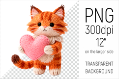 Knitted Maine Coon Cat with Heart. Valentine Clipart. Ideal for sublimation projects, Valentines Day gifts, mugs, T-shirts, cards, stickers, scrapbooking, nursery decor, planners, and digital crafts.