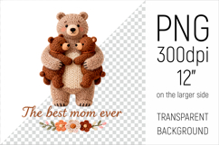 Knitted Mama Bear Illustration. Perfect for Mothers Day gifts, baby shower projects, nursery decor, sublimation designs, greeting cards, mugs, pillows, T-shirts, tote bags, and wall art.