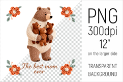 Knitted Mama Bear Illustration. Perfect for Mothers Day gifts, baby shower projects, nursery decor, sublimation designs, greeting cards, mugs, pillows, T-shirts, tote bags, and wall art.