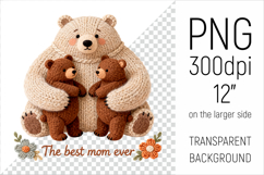 Knitted Mama Bear Illustration. Perfect for Mothers Day gifts, baby shower projects, nursery decor, sublimation designs, greeting cards, mugs, pillows, T-shirts, tote bags, and wall art.