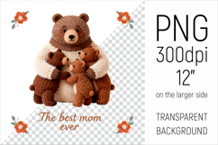 Knitted Mama Bear Illustration. Perfect for Mothers Day gifts, baby shower projects, nursery decor, sublimation designs, greeting cards, mugs, pillows, T-shirts, tote bags, and wall art.