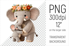 Knitted Mother Elephant with Baby Clipart. Perfect for Mothers Day gifts, birthday designs, spring celebrations, and heartfelt handmade creations