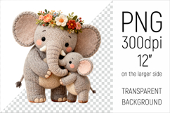 Knitted Mother Elephant with Baby Clipart. Perfect for Mothers Day gifts, birthday designs, spring celebrations, and heartfelt handmade creations