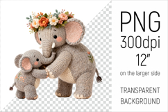 Knitted Mother Elephant with Baby Clipart. Perfect for Mothers Day gifts, birthday designs, spring celebrations, and heartfelt handmade creations