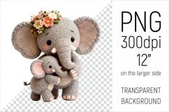 Knitted Mother Elephant with Baby Clipart. Perfect for Mothers Day gifts, birthday designs, spring celebrations, and heartfelt handmade creations