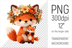 Knitted Mother Fox with Baby Clipart. Perfect for Mothers Day gifts, birthday designs, spring celebrations, and heartfelt handmade creations