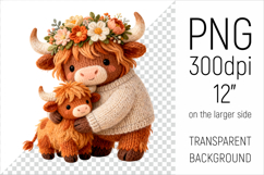 Knitted Mother Highland Cow with Baby Clipart. Perfect for Mothers Day gifts, birthday designs, spring celebrations, and heartfelt handmade creations