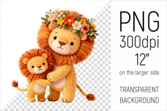 Knitted Mother Lion with Baby Clipart. Perfect for Mothers Day gifts, birthday designs, spring celebrations, and heartfelt handmade creations