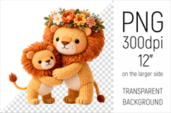Knitted Mother Lion with Baby Clipart. Perfect for Mothers Day gifts, birthday designs, spring celebrations, and heartfelt handmade creations