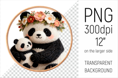 Knitted Mother Panda with Baby Clipart. Perfect for Mothers Day gifts, birthday designs, spring celebrations, and heartfelt handmade creations