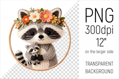 Knitted Mother Raccoon with Baby Clipart. Perfect for Mothers Day gifts, birthday designs, spring celebrations, and heartfelt handmade creations