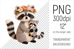 Knitted Mother Raccoon with Baby Clipart. Perfect for Mothers Day gifts, birthday designs, spring celebrations, and heartfelt handmade creations