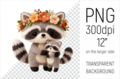 Knitted Mother Raccoon with Baby Clipart. Perfect for Mothers Day gifts, birthday designs, spring celebrations, and heartfelt handmade creations