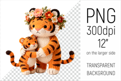 Knitted Mother Tiger with Baby Clipart. Perfect for Mothers Day gifts, birthday designs, spring celebrations, and heartfelt handmade creations