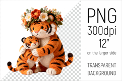 Knitted Mother Tiger with Baby Clipart. Perfect for Mothers Day gifts, birthday designs, spring celebrations, and heartfelt handmade creations