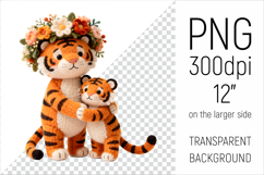 Knitted Mother Tiger with Baby Clipart. Perfect for Mothers Day gifts, birthday designs, spring celebrations, and heartfelt handmade creations