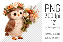 Knitted Owl with Flowers Clipart. Perfect for Mothers Day gifts, birthday designs, spring celebrations, and heartfelt handmade creations.