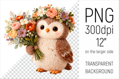 Knitted Owl with Flowers Clipart. Perfect for Mothers Day gifts, birthday designs, spring celebrations, and heartfelt handmade creations.