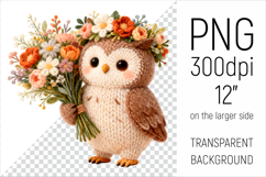 Knitted Owl with Flowers Clipart. Perfect for Mothers Day gifts, birthday designs, spring celebrations, and heartfelt handmade creations.