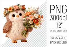 Knitted Owl with Flowers Clipart. Perfect for Mothers Day gifts, birthday designs, spring celebrations, and heartfelt handmade creations.