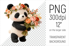 Knitted Panda with Flowers Clipart. Perfect for Mothers Day gifts, birthday designs, spring celebrations, and heartfelt handmade creations.