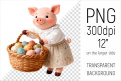 Knitted Pig with Easter Basket. Farm Animal Clipart. Ideal for sublimation projects, nursery decor, classroom materials, and digital products.