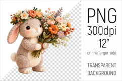 Knitted Rabbit with Flowers Clipart. Perfect for Mothers Day gifts, birthday designs, spring celebrations, and heartfelt handmade creations.
