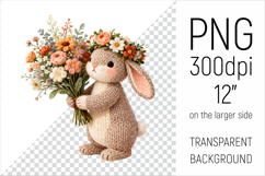 Knitted Rabbit with Flowers Clipart. Perfect for Mothers Day gifts, birthday designs, spring celebrations, and heartfelt handmade creations.