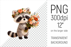 Knitted Raccoon with Flowers Clipart. Perfect for Mothers Day gifts, birthday designs, spring celebrations, and heartfelt handmade creations.