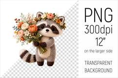 Knitted Raccoon with Flowers Clipart. Perfect for Mothers Day gifts, birthday designs, spring celebrations, and heartfelt handmade creations.