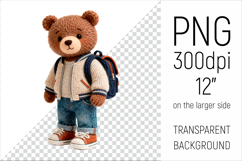 Knitted School Bear with Backpack Clipart. Perfect for school projects, graduation gifts, teacher appreciation designs, and educational materials.
