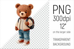 Knitted School Bear with Backpack Clipart. Perfect for school projects, graduation gifts, teacher appreciation designs, and educational materials.