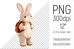 Knitted School Bunny with Backpack Clipart. Perfect for school projects, graduation gifts, teacher appreciation designs, and educational materials.