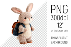 Knitted School Bunny with Backpack Clipart. Perfect for school projects, graduation gifts, teacher appreciation designs, and educational materials.