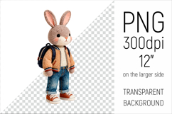 Knitted School Bunny with Backpack Clipart. Perfect for school projects, graduation gifts, teacher appreciation designs, and educational materials.