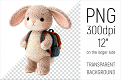 Knitted School Bunny with Backpack Clipart. Perfect for school projects, graduation gifts, teacher appreciation designs, and educational materials.