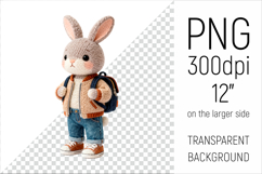 Knitted School Bunny with Backpack Clipart. Perfect for school projects, graduation gifts, teacher appreciation designs, and educational materials.