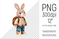 Knitted School Bunny with Backpack Clipart. Perfect for school projects, graduation gifts, teacher appreciation designs, and educational materials.