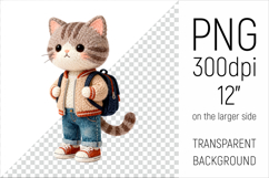 Knitted School Cat with Backpack Clipart. Perfect for school projects, graduation gifts, teacher appreciation designs, and educational materials.