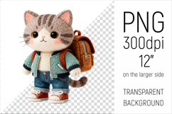Knitted School Cat with Backpack Clipart. Perfect for school projects, graduation gifts, teacher appreciation designs, and educational materials.