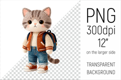 Knitted School Cat with Backpack Clipart. Perfect for school projects, graduation gifts, teacher appreciation designs, and educational materials.